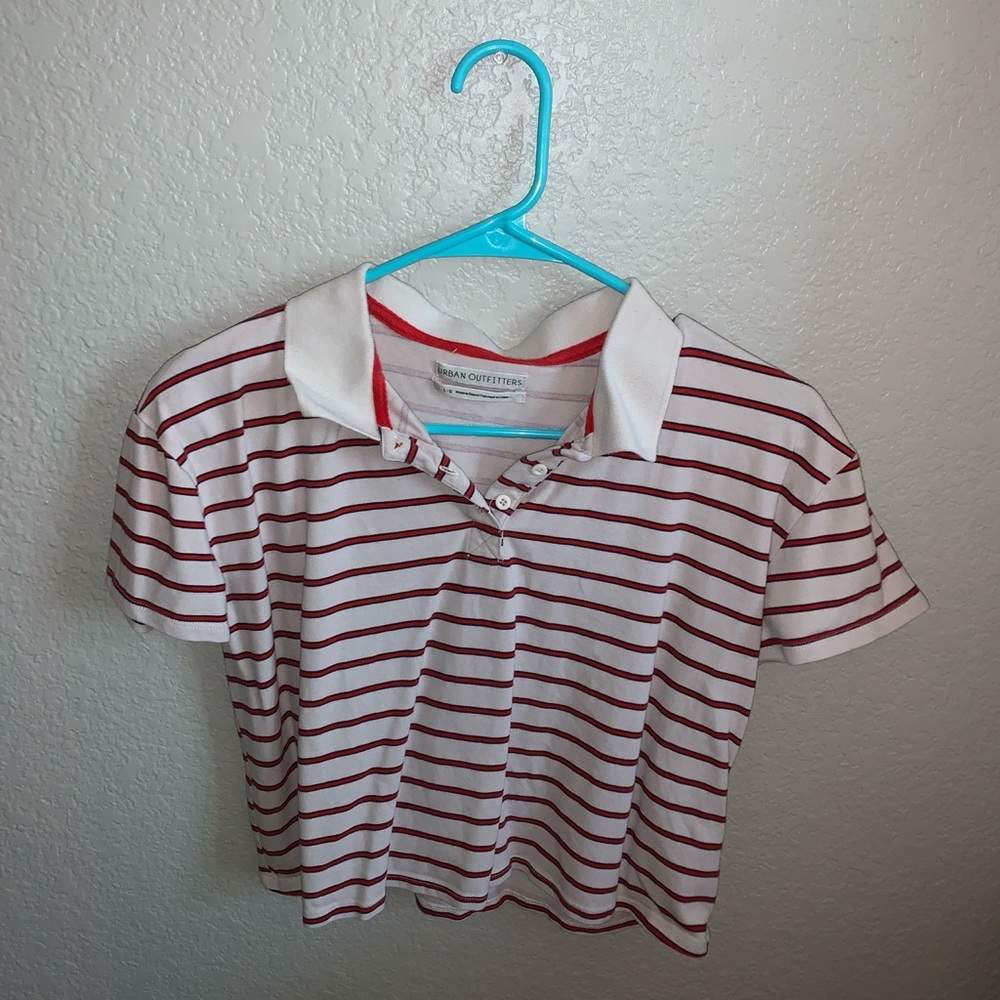 Cream, red, & navy striped collared blouse